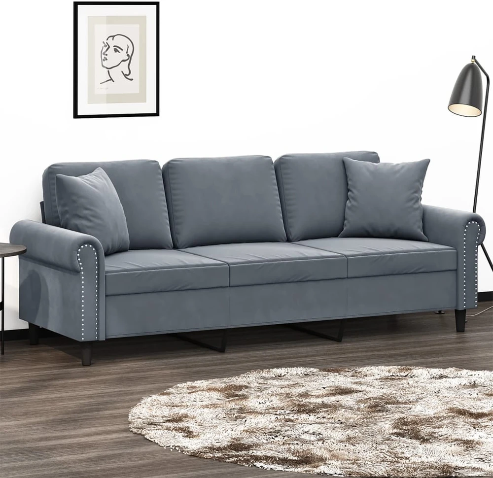 Trivietė sofa su pagalvėlėmis, tamsiai pilka, 180cm, aksomas