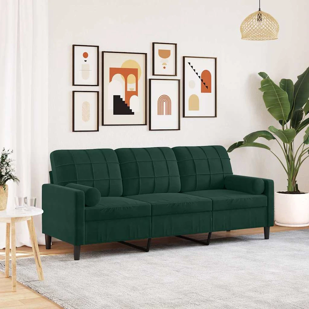 Trivietė sofa su pagalvėlėmis, tamsiai žalia, 180cm, aksomas