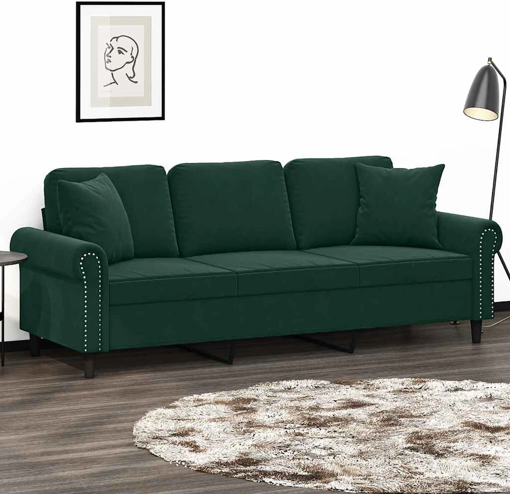 Trivietė sofa su pagalvėlėmis, tamsiai žalia, 180cm, aksomas
