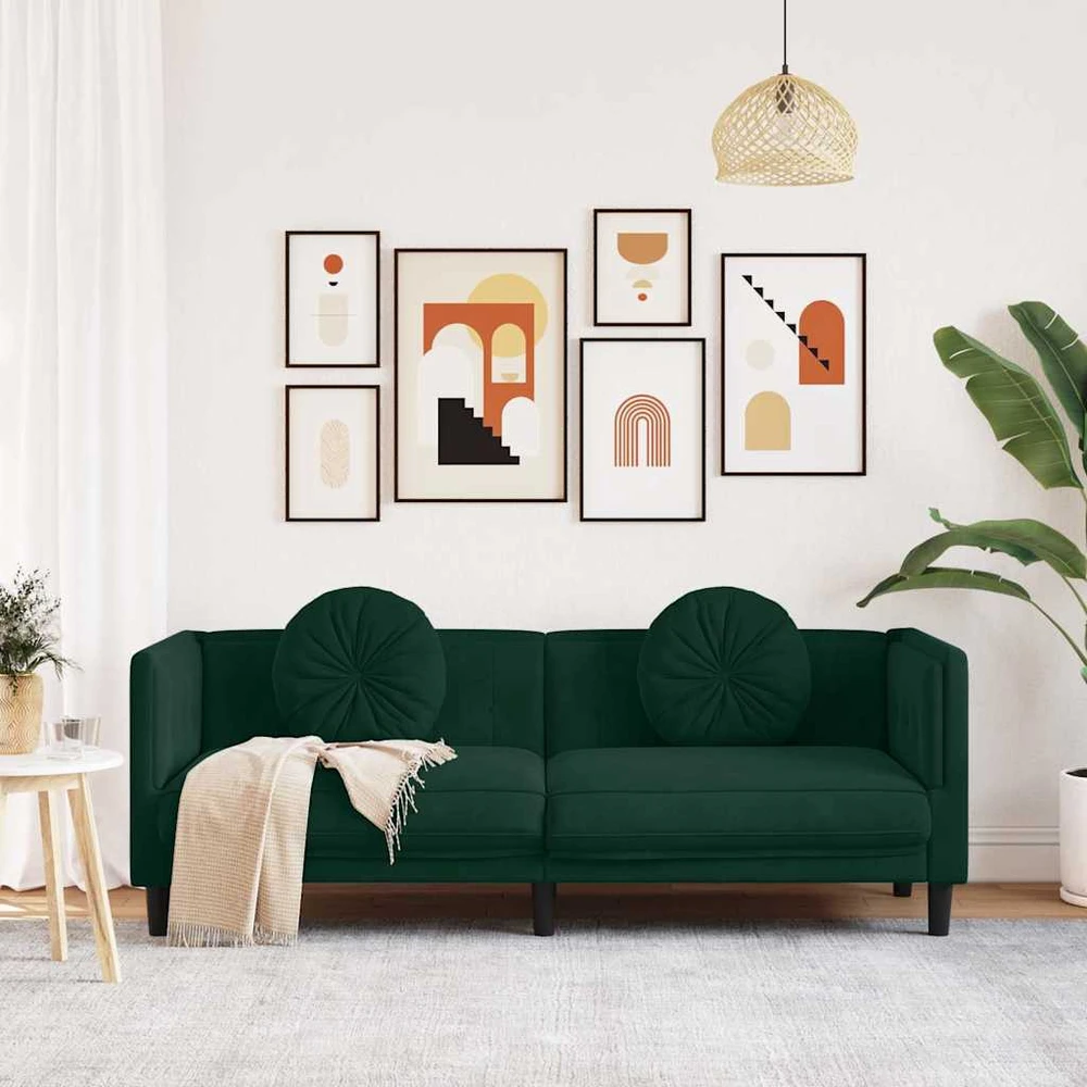 Trivietė sofa su pagalvėlėmis, tamsiai žalios spalvos, aksomas