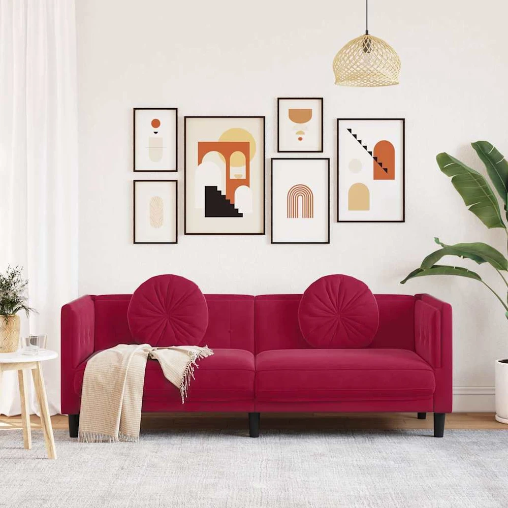 Trivietė sofa su pagalvėlėmis, vyno raudonos spalvos, aksomas
