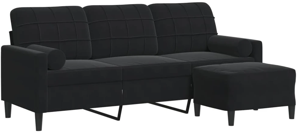 Trivietė sofa su pakoja, juodos spalvos, 180cm, aksomas