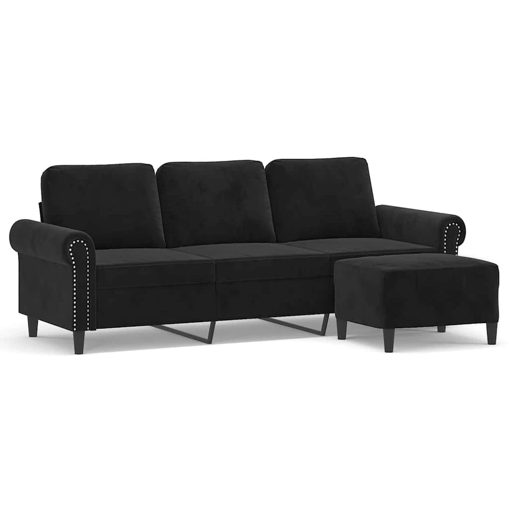 Trivietė sofa su pakoja, juodos spalvos, 180cm, aksomas