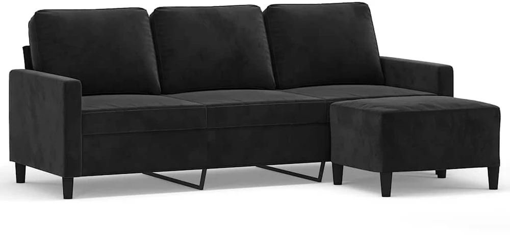 Trivietė sofa su pakoja, juodos spalvos, 180cm, aksomas