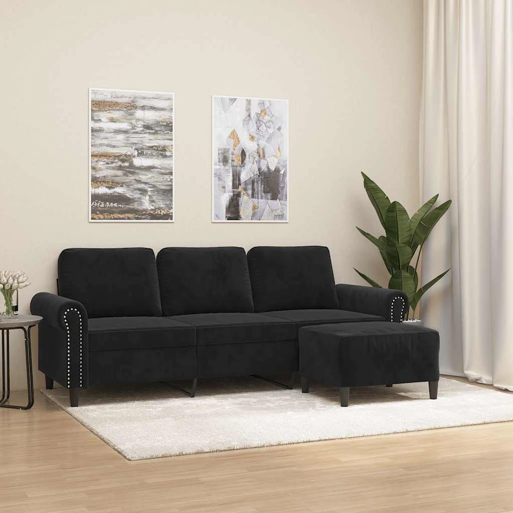 Trivietė sofa su pakoja, juodos spalvos, 180cm, aksomas