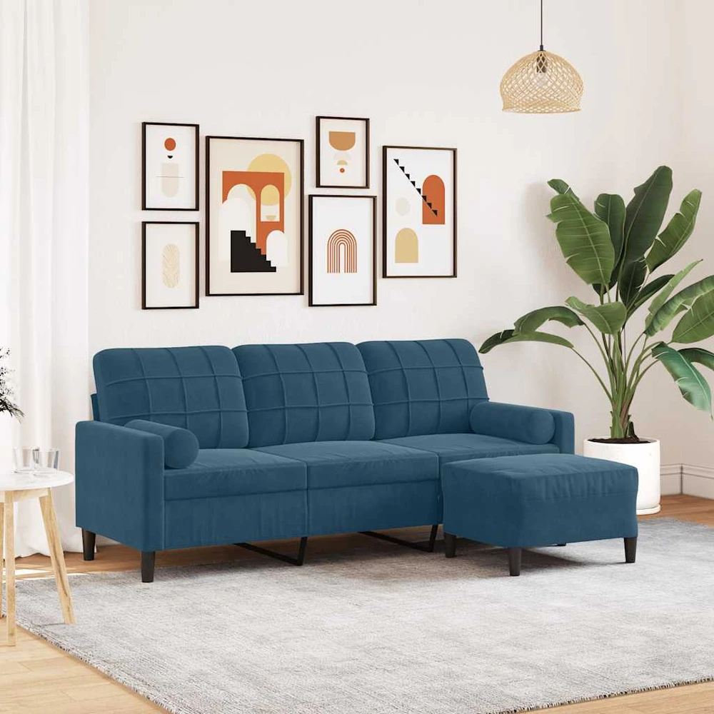 Trivietė sofa su pakoja, mėlynos spalvos, 180cm, aksomas