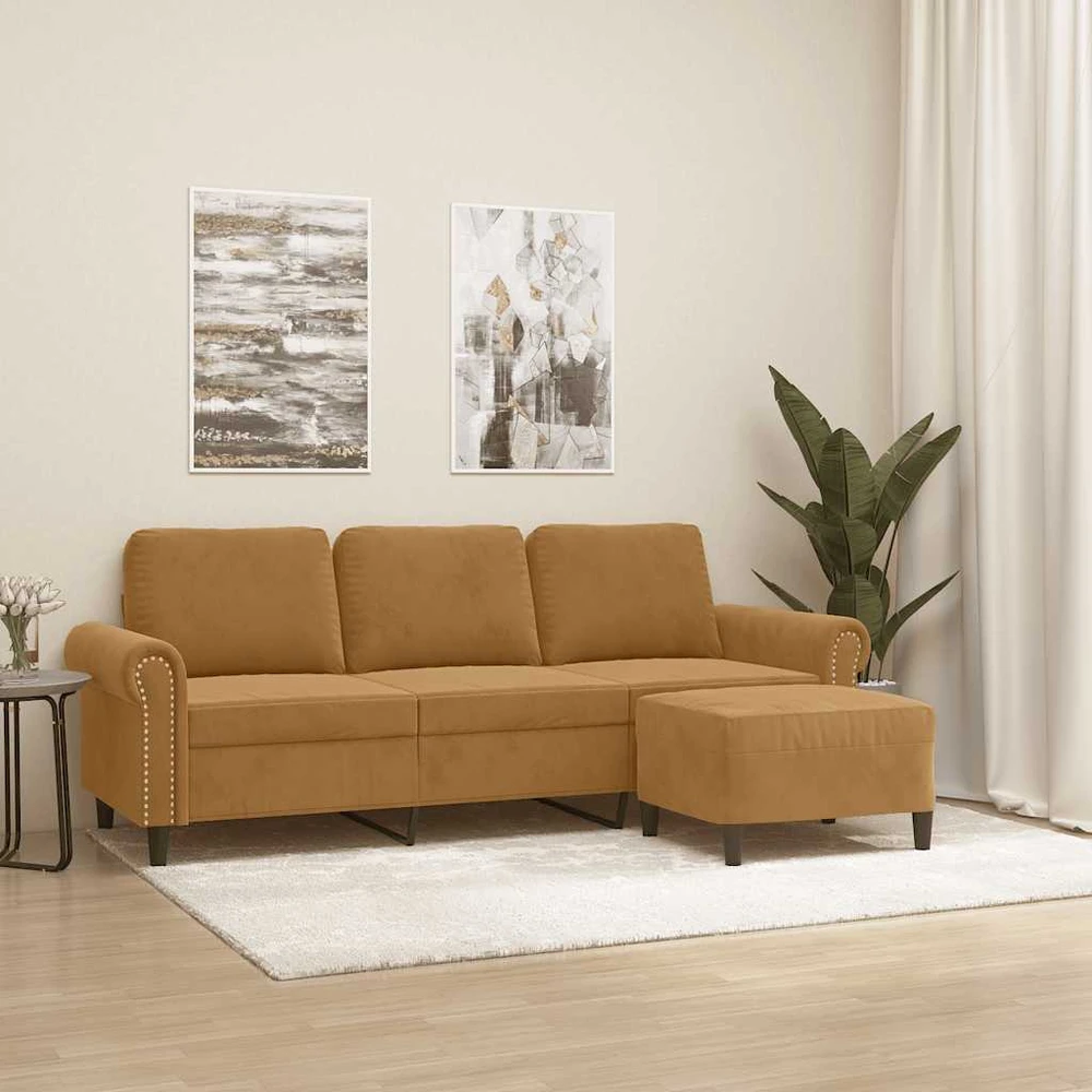 Trivietė sofa su pakoja, rudos spalvos, 180cm, aksomas