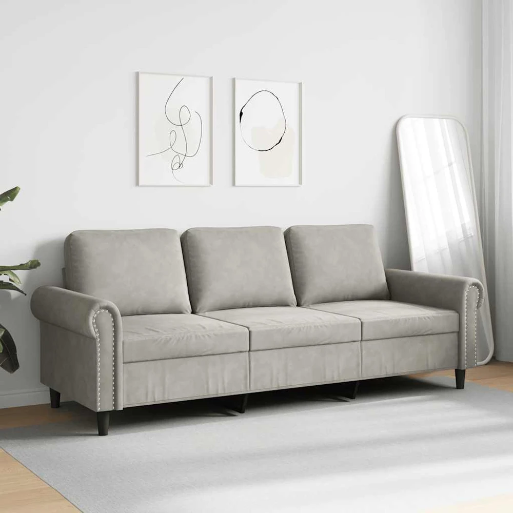 Trivietė sofa, šviesiai pilkos spalvos, 180cm, aksomas