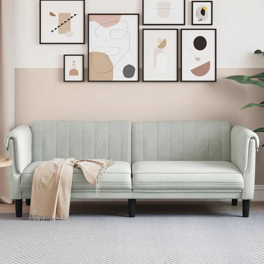 Trivietė sofa, šviesiai pilkos spalvos, aksomas