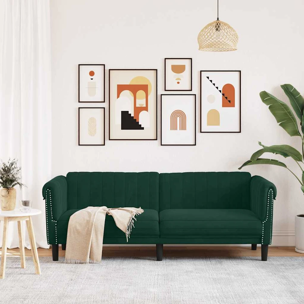 Trivietė sofa, tamsiai žalios spalvos, aksomas