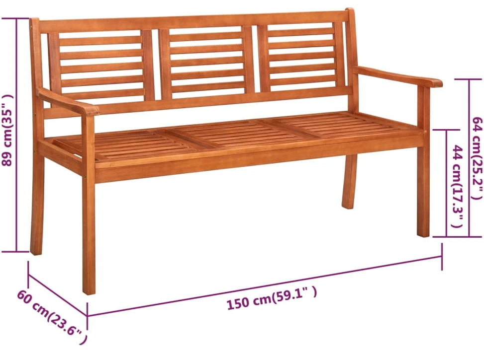 Trivietis sodo suoliukas su pagalvėle, 150cm, eukalipto masyvas