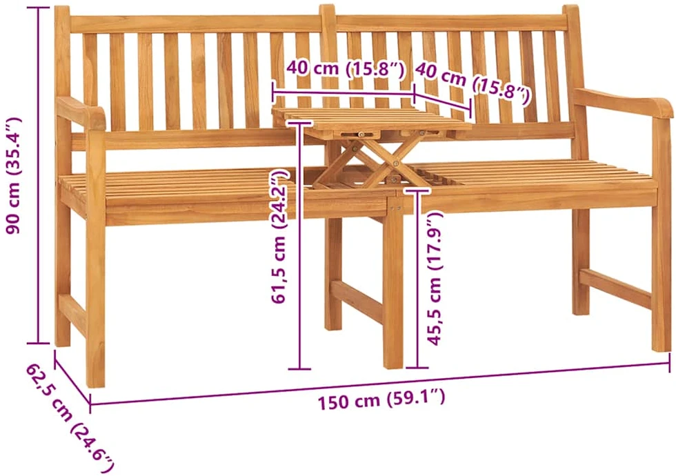 Trivietis sodo suoliukas su staliuku, 150cm, tikmedžio masyvas