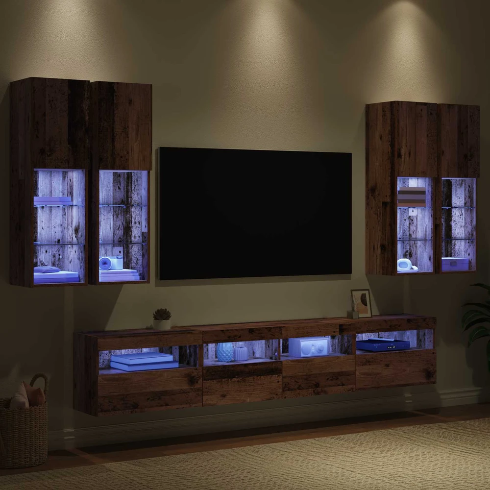 TV staliukas TV sieninės spintos komplektas su LED apšvietimu 7 vnt.
