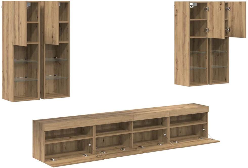 TV staliukas TV sieninės spintos komplektas su LED apšvietimu 7 vnt.