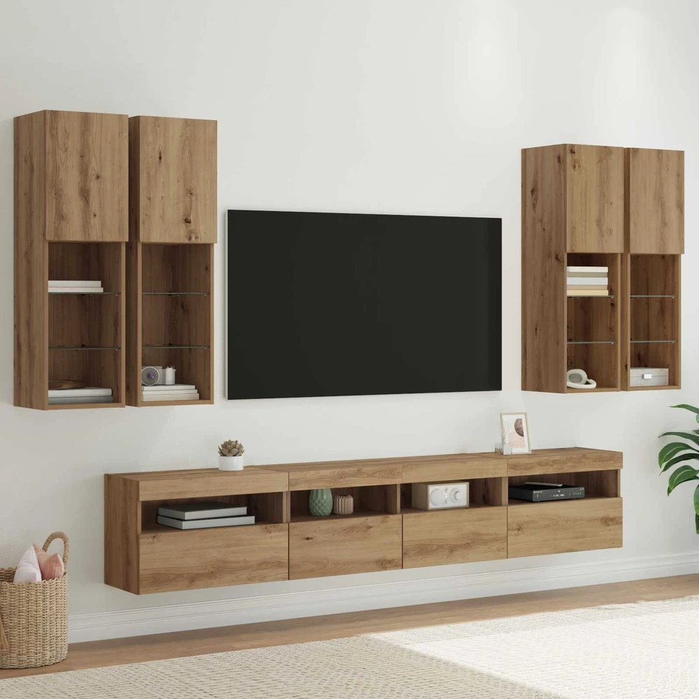 TV staliukas TV sieninės spintos komplektas su LED apšvietimu 7 vnt.