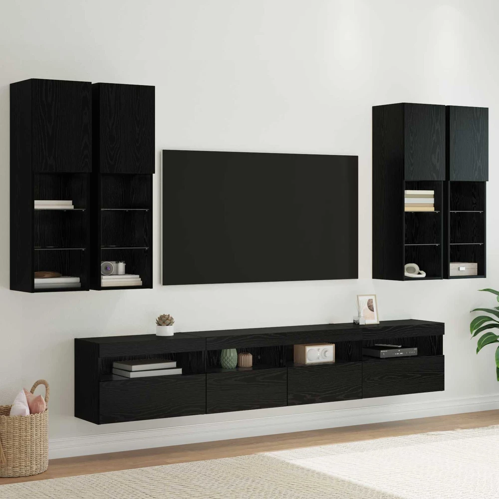 TV staliukas TV sieninės spintos komplektas su LED apšvietimu 7 vnt.