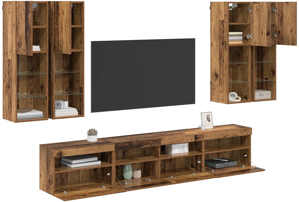 TV staliukas TV sieninės spintos komplektas su LED apšvietimu 7 vnt.