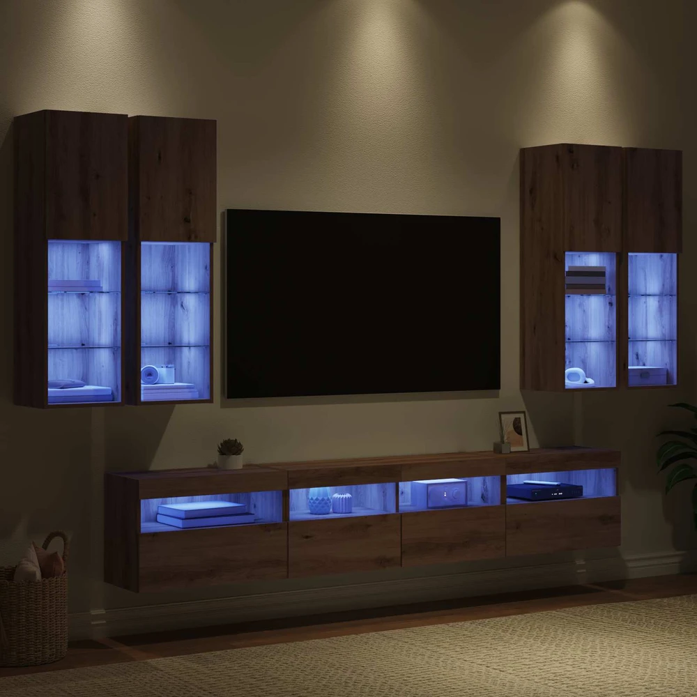 TV staliukas TV sieninės spintos komplektas su LED apšvietimu 7 vnt.