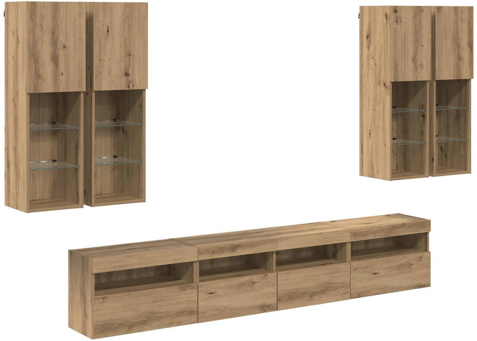TV staliukas TV sieninės spintos komplektas su LED apšvietimu 7 vnt.