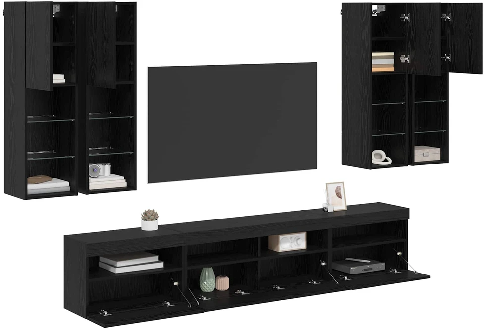 TV staliukas TV sieninės spintos komplektas su LED apšvietimu 7 vnt.
