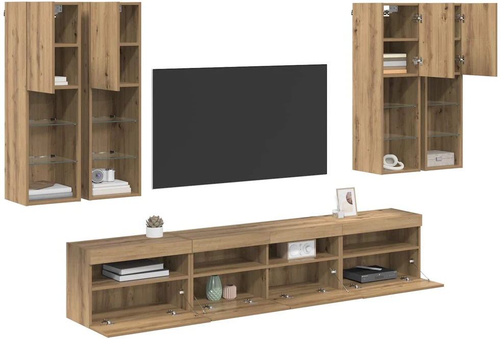 TV staliukas TV sieninės spintos komplektas su LED apšvietimu 7 vnt.