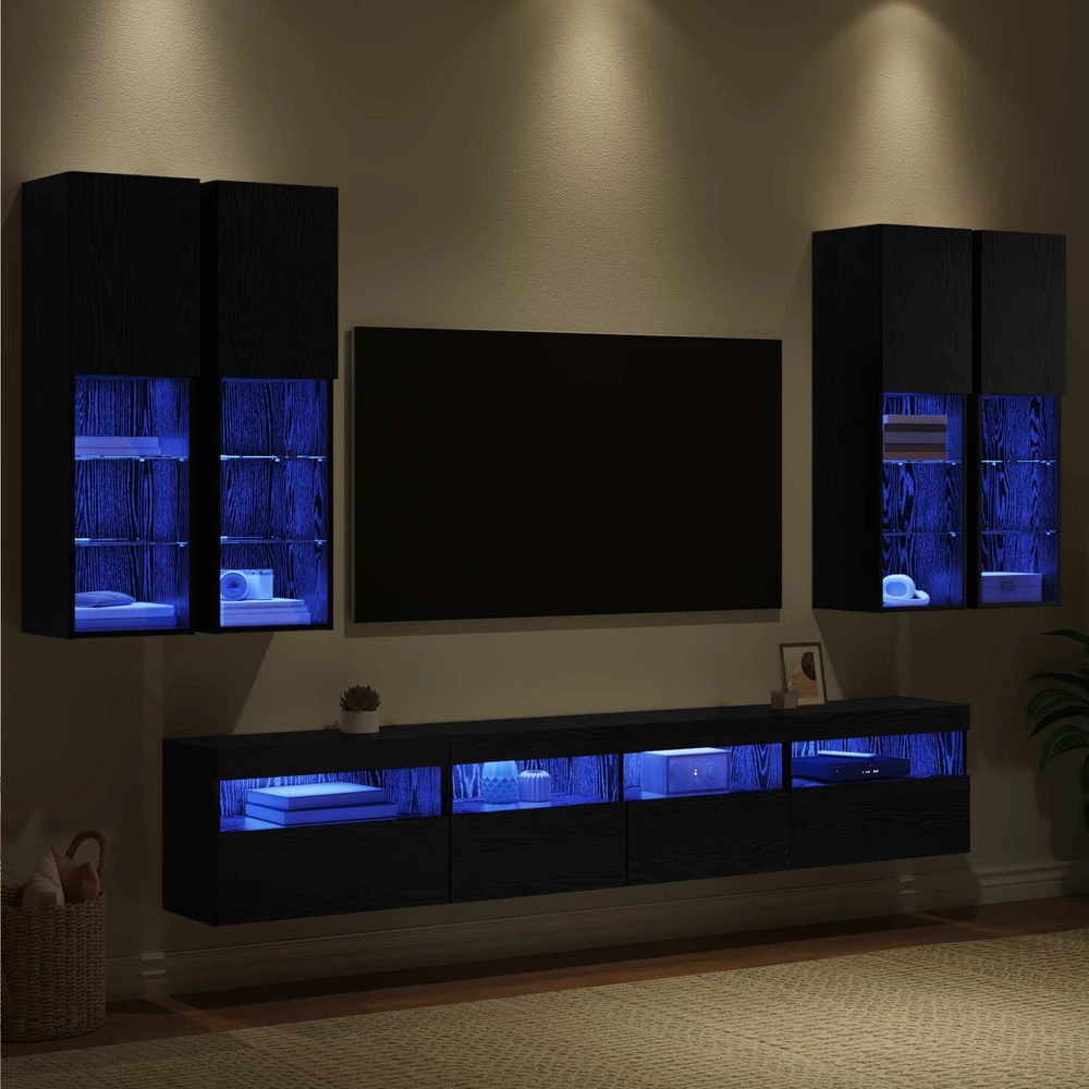 TV staliukas TV sieninės spintos komplektas su LED apšvietimu 7 vnt.