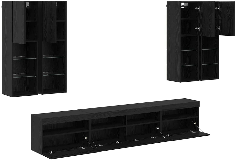 TV staliukas TV sieninės spintos komplektas su LED apšvietimu 7 vnt.