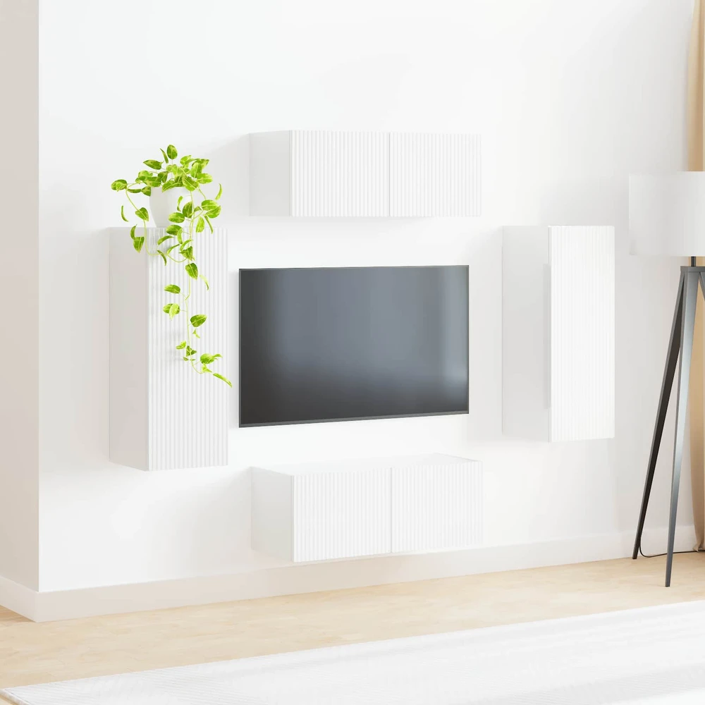TV staliukas TV sieninio kabineto komplektas 4 vnt. Aukštai blizganti balta