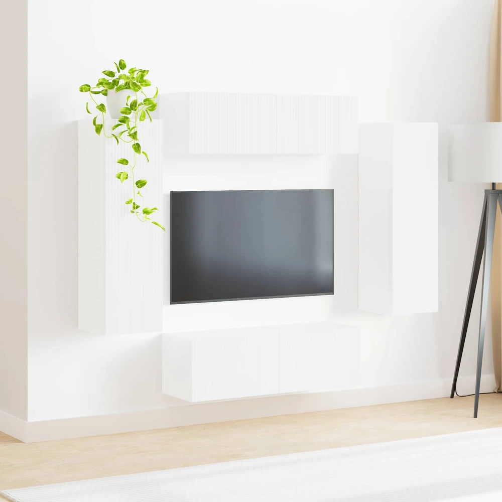 TV staliukas TV sieninio kabineto komplektas 4 vnt. Aukštai blizganti balta