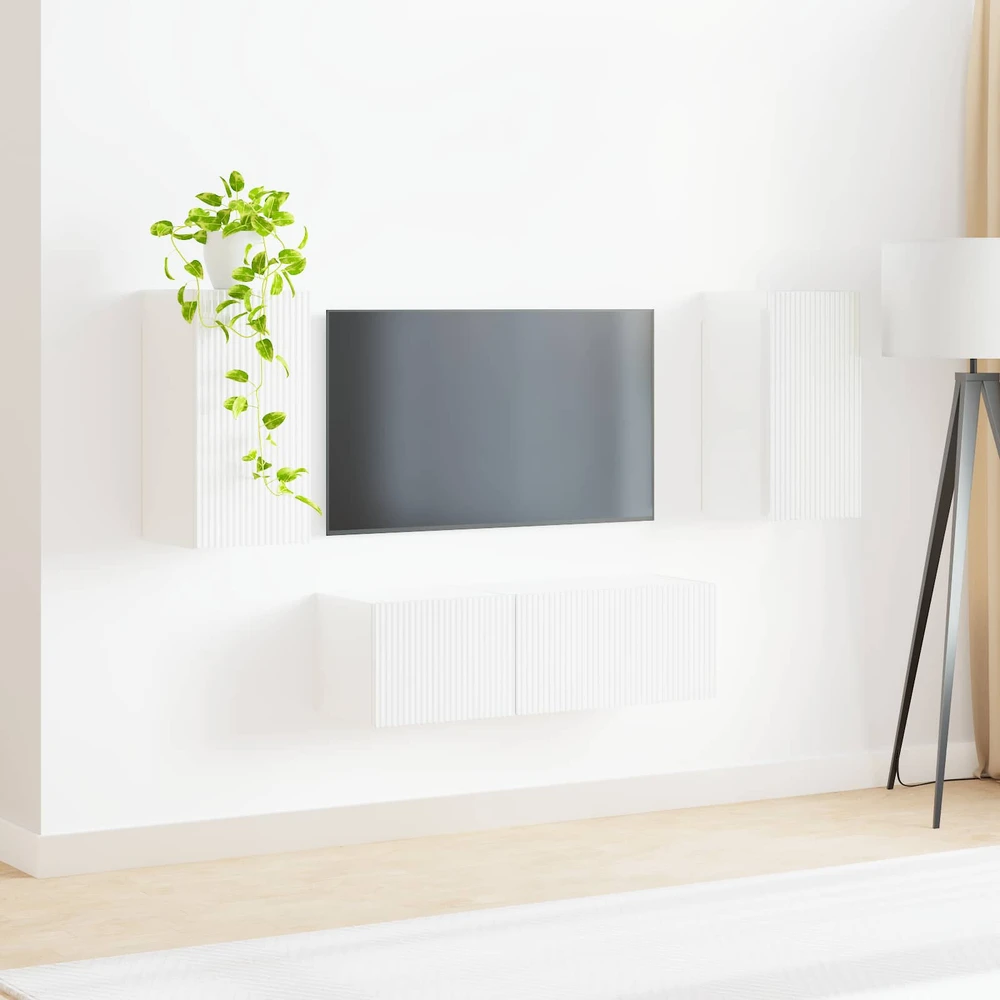 TV staliukas TV sieninio kabineto komplektas 4 vnt. Aukštai blizganti balta