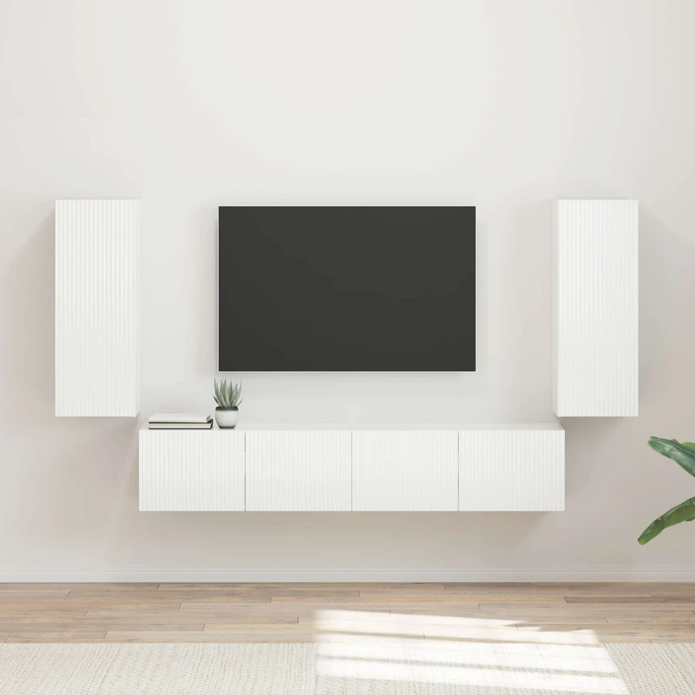 TV staliukas TV sieninio kabineto komplektas 4 vnt. Aukštai blizganti balta