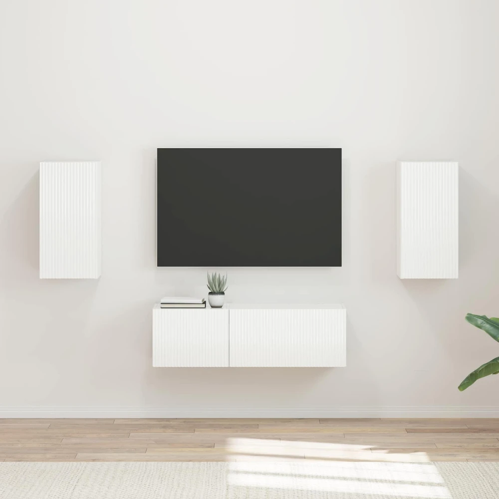 TV staliukas TV sieninio kabineto komplektas 4 vnt. Aukštai blizganti balta