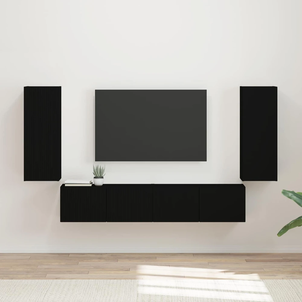 TV staliukas TV sieninio kabineto komplektas 4 vnt. Juoda Apdirbta mediena