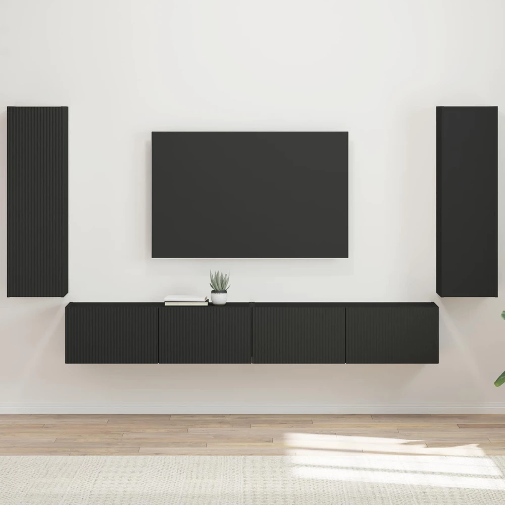 TV staliukas TV sieninio kabineto komplektas 4 vnt. Juoda Apdirbta mediena