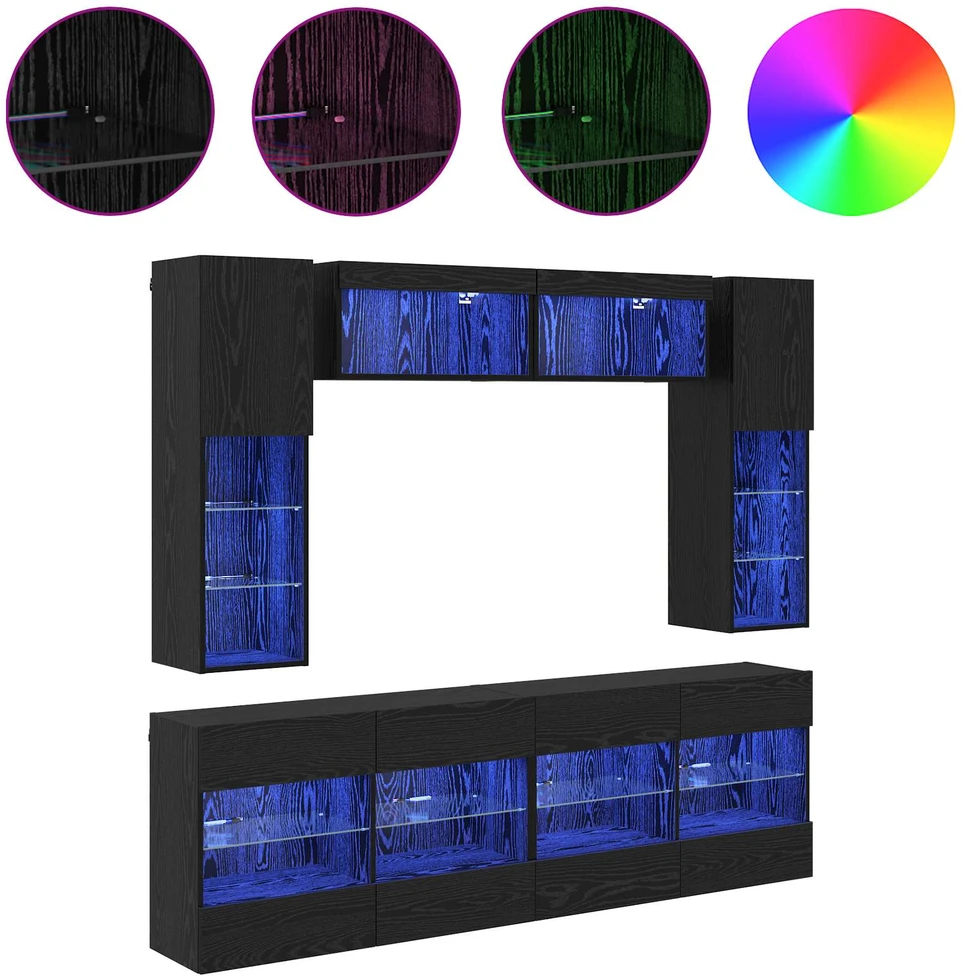 TV staliukas TV sieninio kabineto komplektas su LED 6 pcs Juodas Ąžuolas