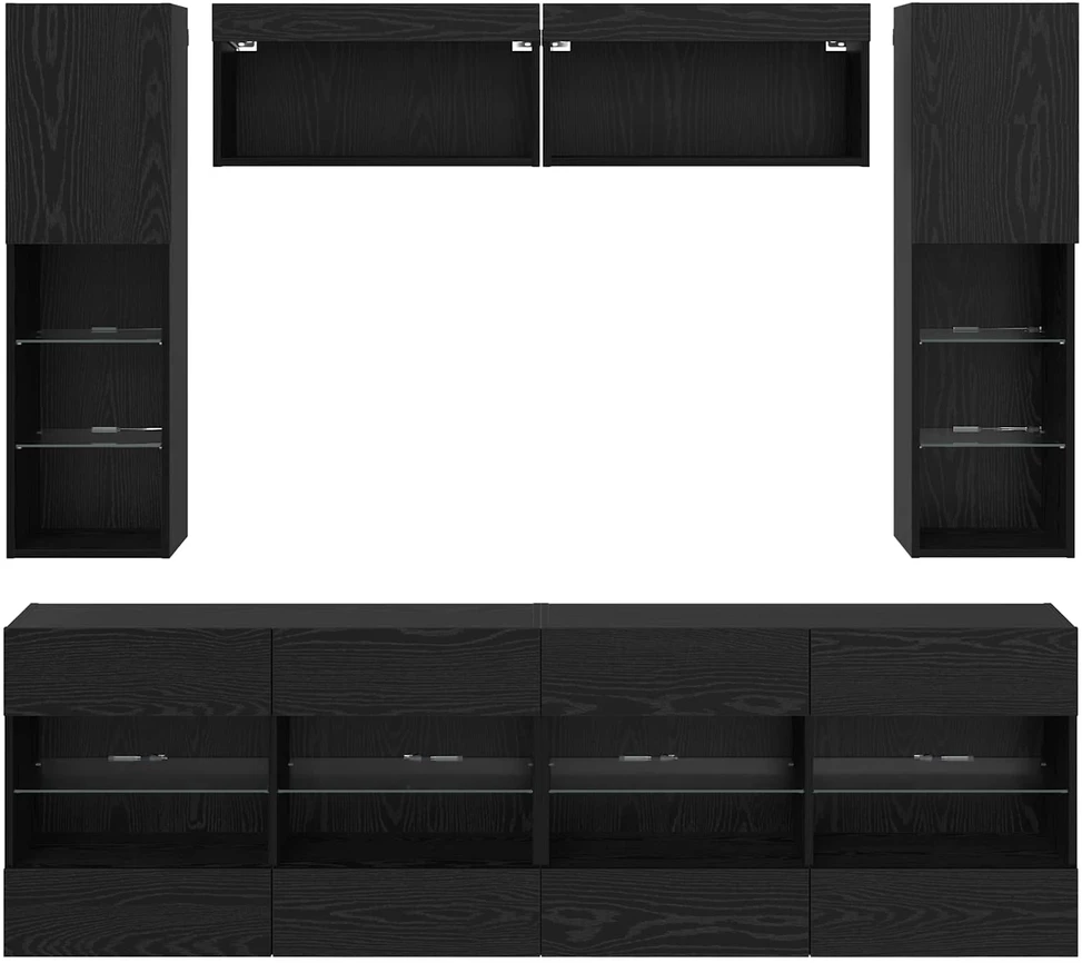 TV staliukas TV sieninio kabineto komplektas su LED 6 pcs Juodas Ąžuolas