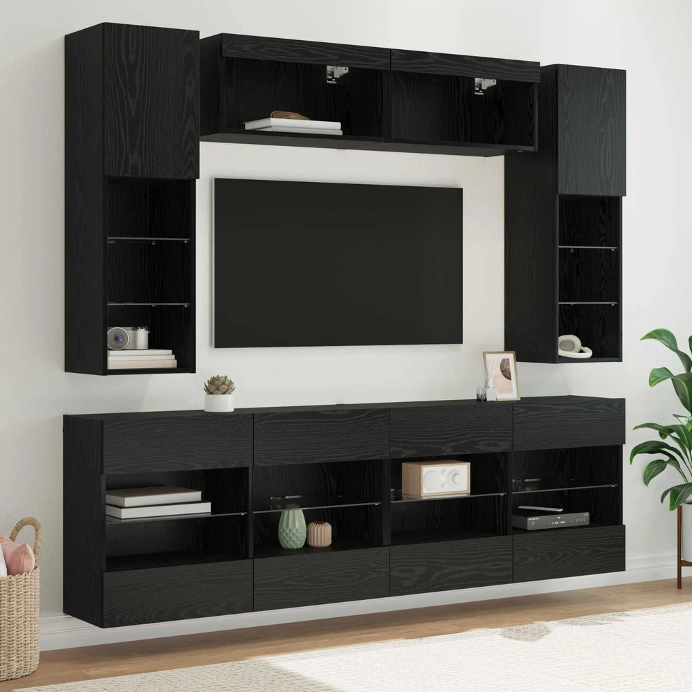 TV staliukas TV sieninio kabineto komplektas su LED 6 pcs Juodas Ąžuolas