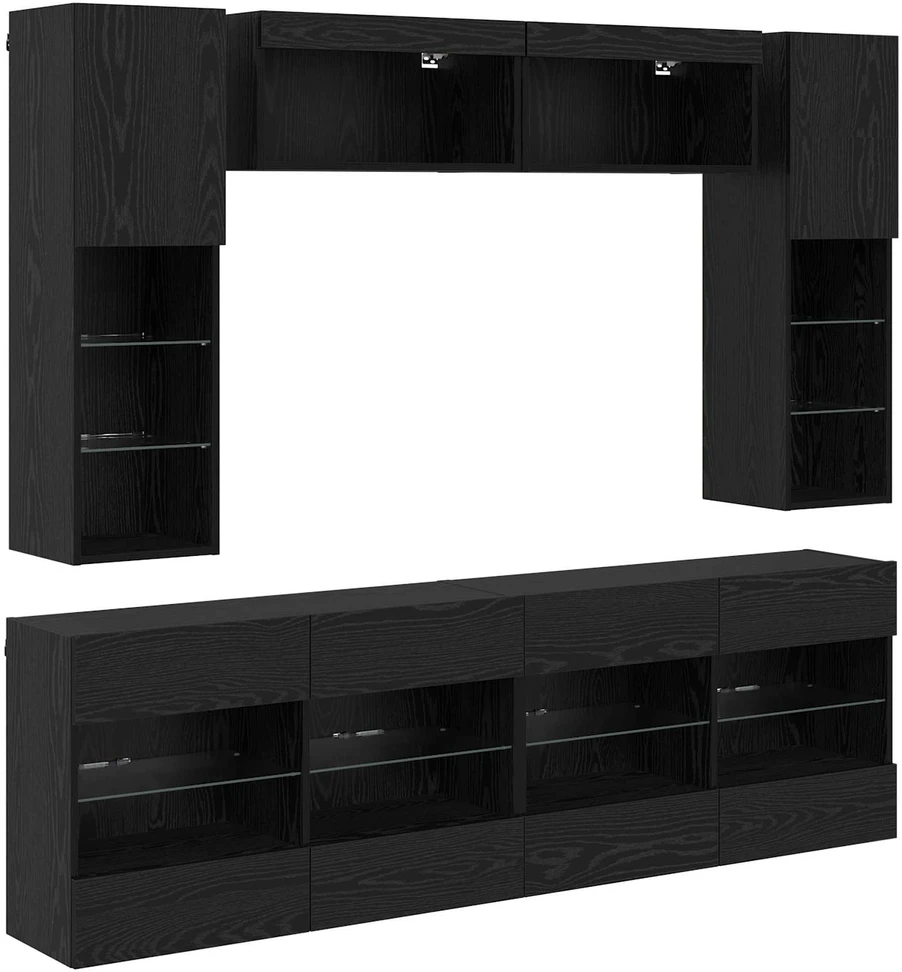 TV staliukas TV sieninio kabineto komplektas su LED 6 pcs Juodas Ąžuolas