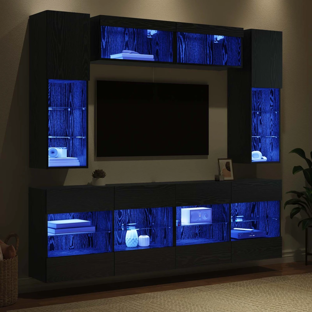 TV staliukas TV sieninio kabineto komplektas su LED 6 pcs Juodas Ąžuolas