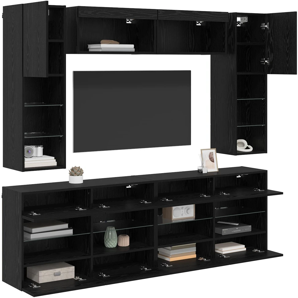 TV staliukas TV sieninio kabineto komplektas su LED 6 pcs Juodas Ąžuolas