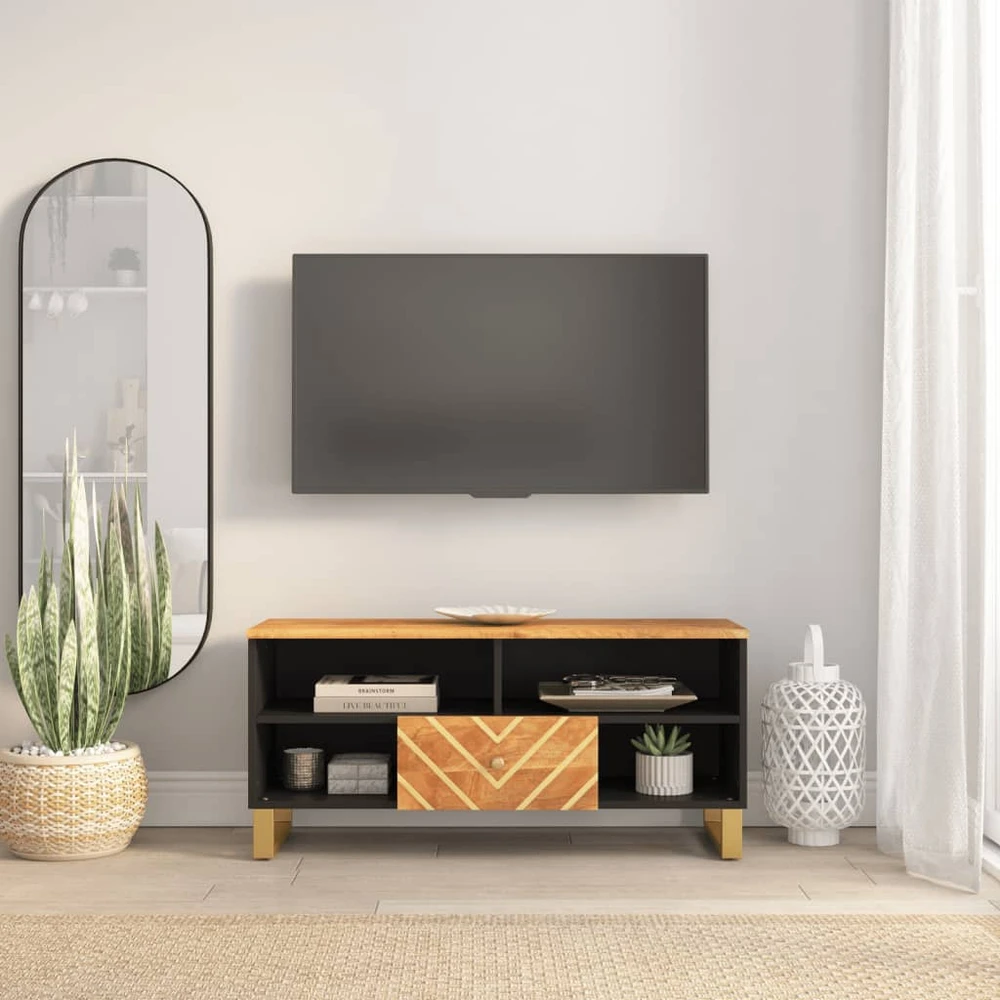 TV staliukas TV spintelė, ruda ir juoda, 100x33,5x46cm, mango masyvas