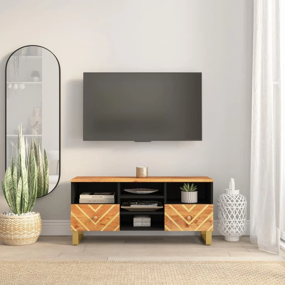 TV staliukas TV spintelė, ruda ir juoda, 100x33,5x46cm, mango masyvas