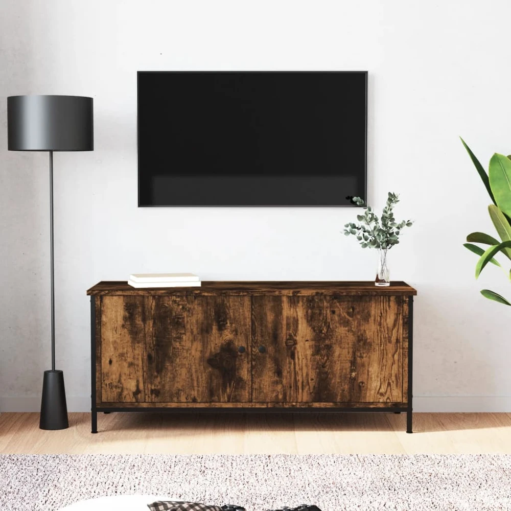 TV staliukas TV spintelė su durelėmis, dūminio ąžuolo, 102x35x45cm, mediena