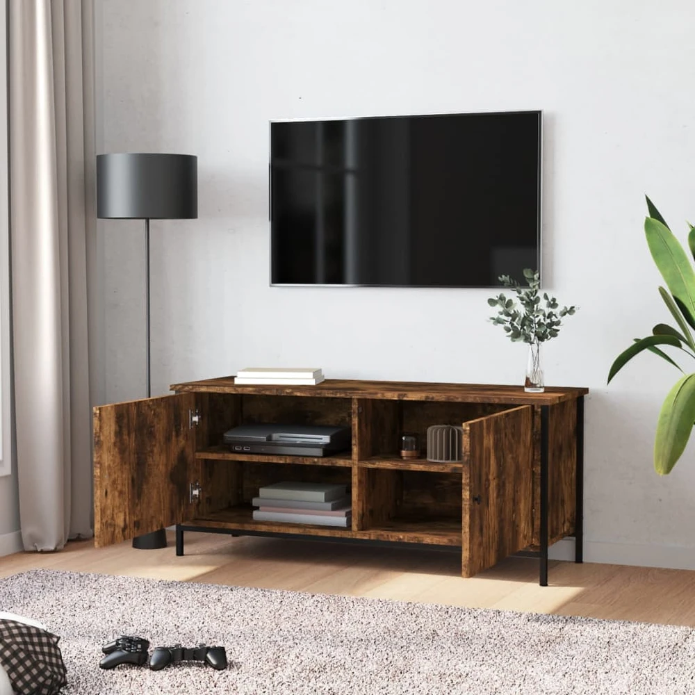 TV staliukas TV spintelė su durelėmis, dūminio ąžuolo, 102x35x45cm, mediena