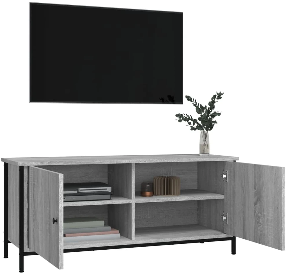 TV staliukas TV spintelė su durelėmis, pilka ąžuolo, 102x35x45cm, mediena