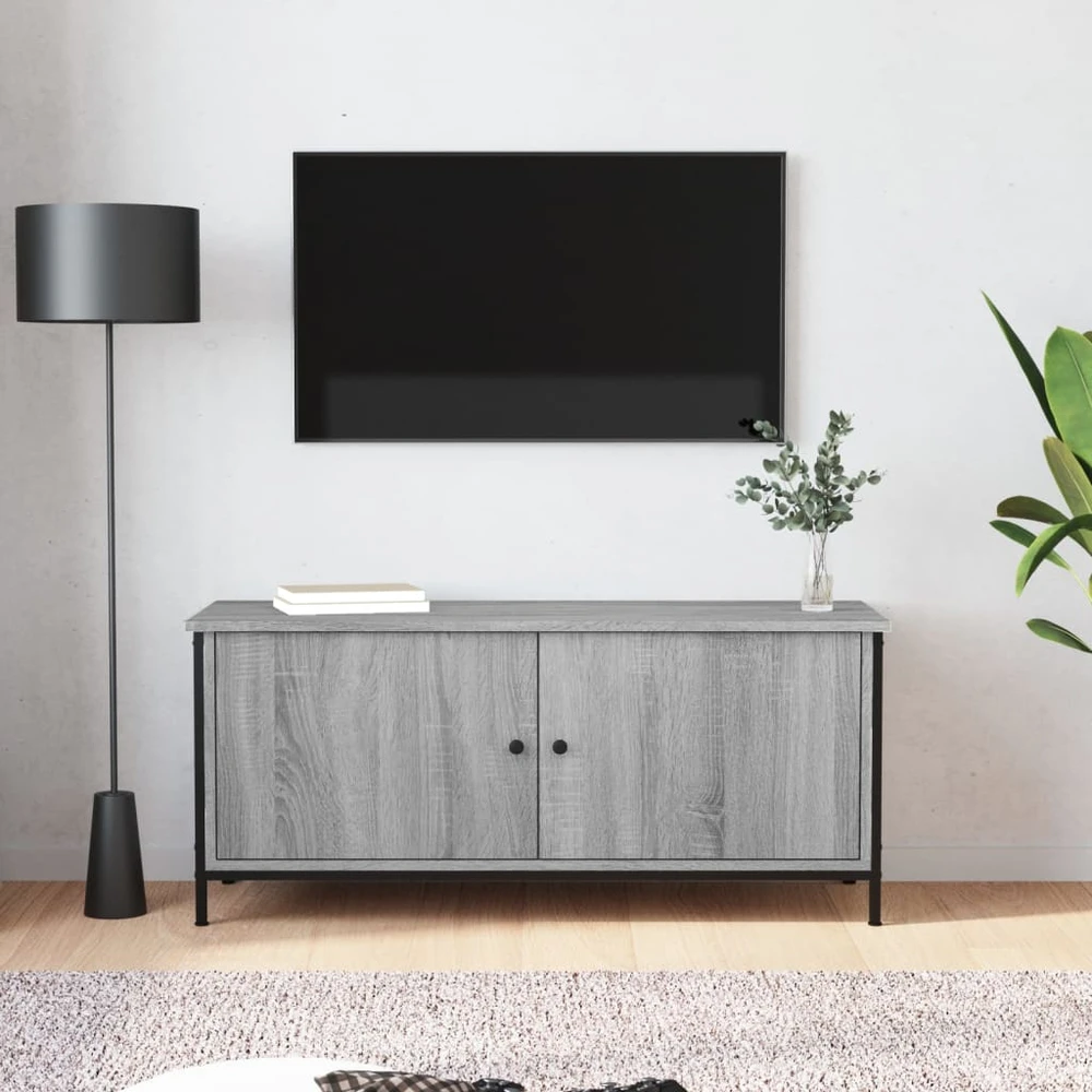 TV staliukas TV spintelė su durelėmis, pilka ąžuolo, 102x35x45cm, mediena