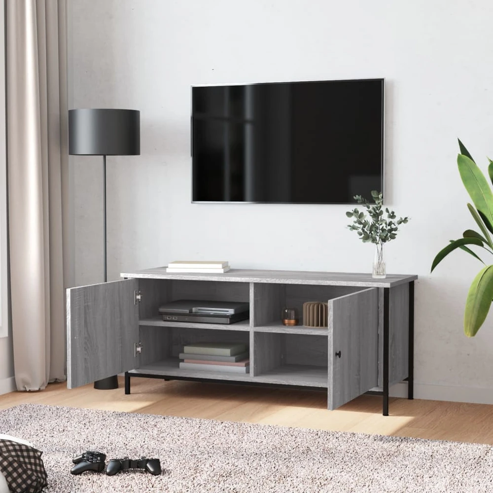 TV staliukas TV spintelė su durelėmis, pilka ąžuolo, 102x35x45cm, mediena