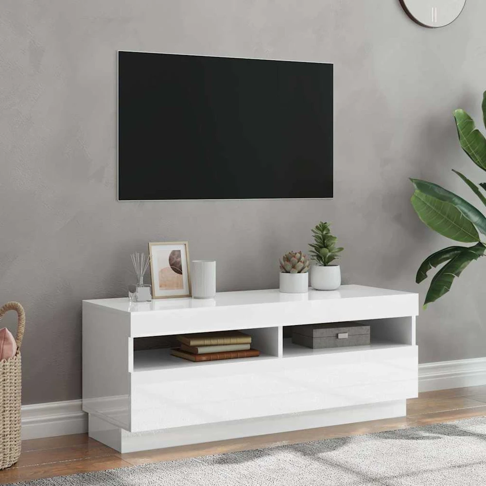 TV staliukas TV spintelė su LED apšvietimu, balta, 100x35x40cm, blizgi
