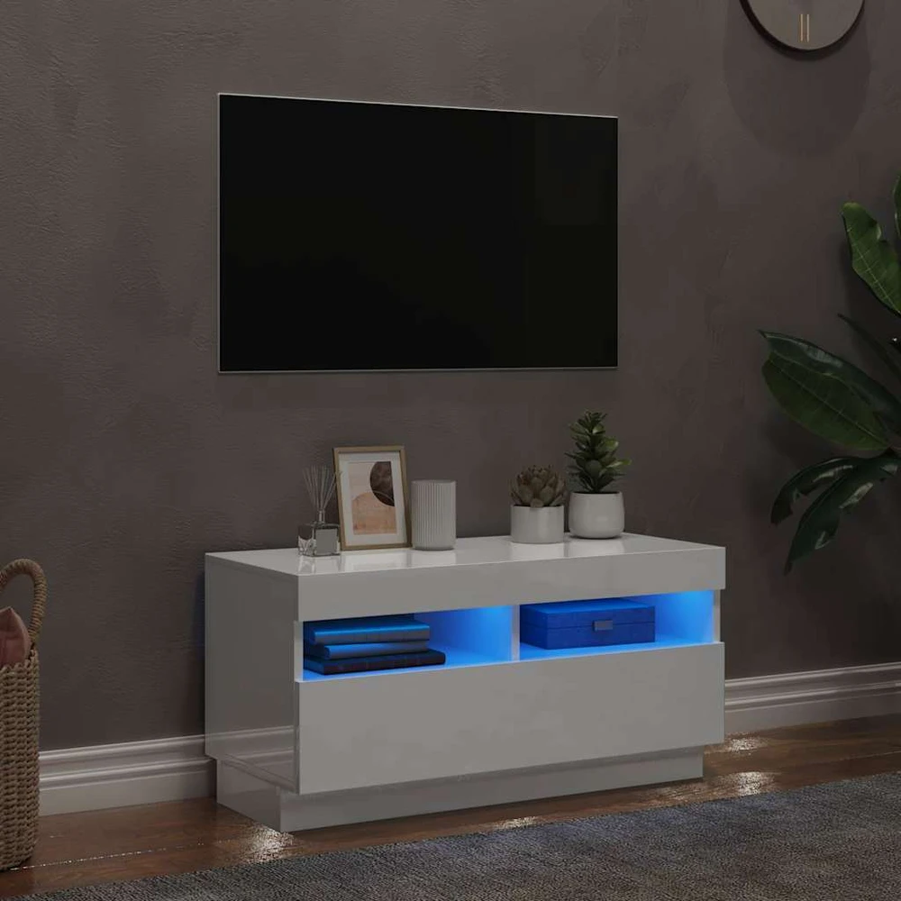 TV staliukas TV spintelė su LED apšvietimu, balta, 80x35x40cm, blizgi