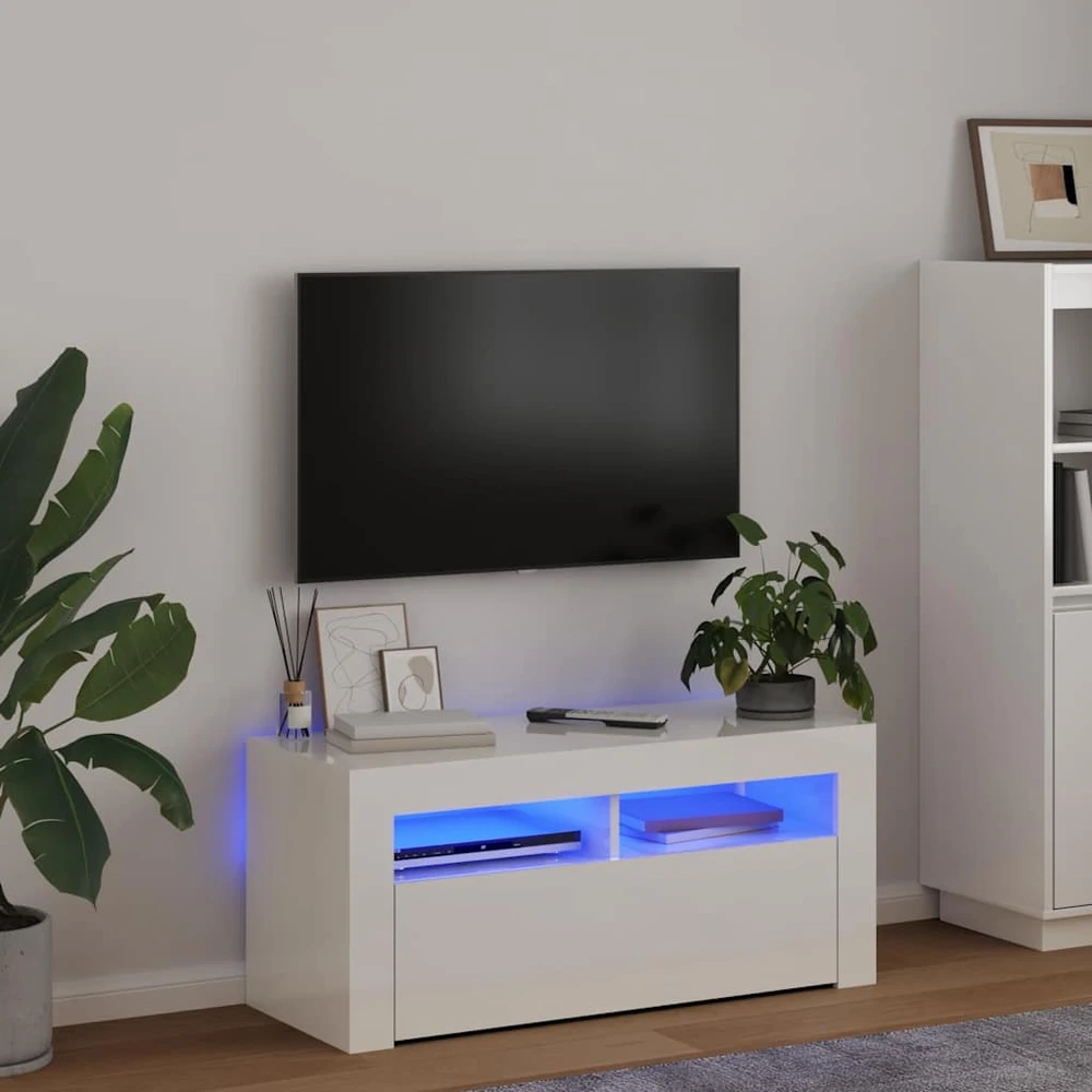 TV staliukas TV spintelė su LED apšvietimu, balta, 90x35x40cm, blizgi